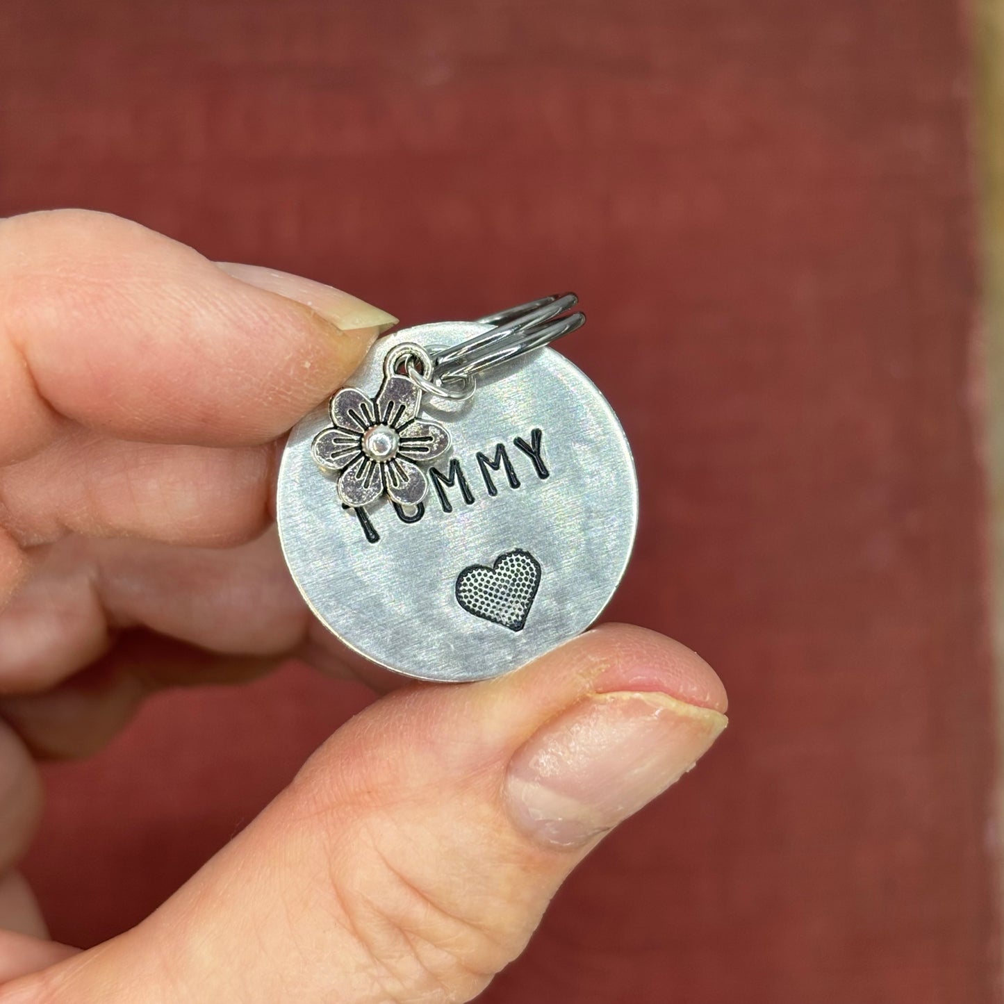 Dog tag, double-sided, hand-stamped with a silver flower charm