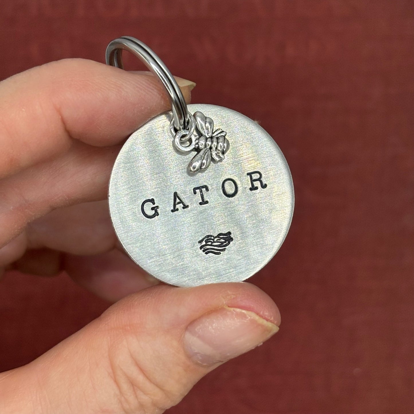 Dog tag, double-sided, hand-stamped with a silver butterfly charm