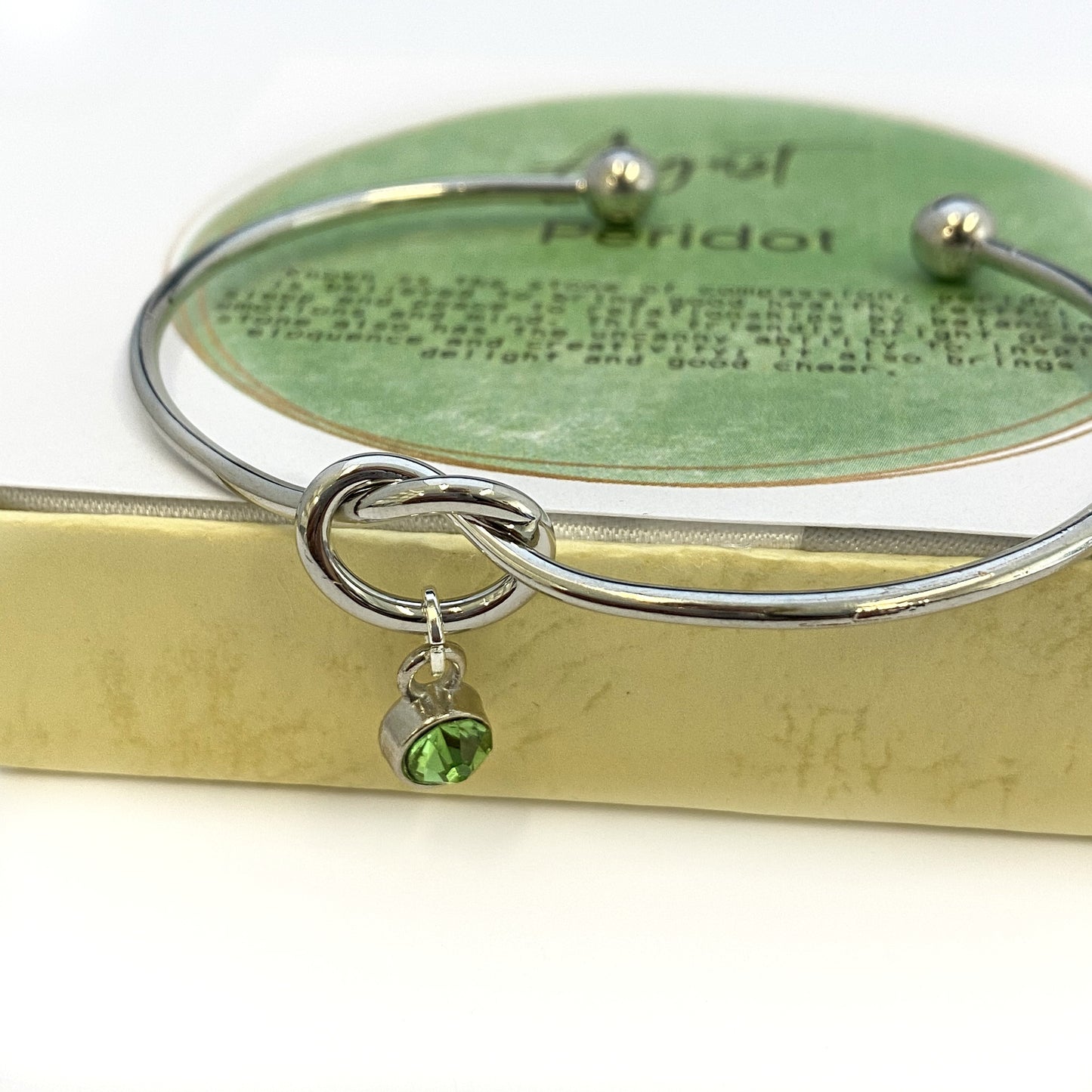 Birthstone KNOT Bracelet, Personalized Bridesmaid Gift, Tie the Knot Bracelet, August Birthstone charm Bracelet, Silver knot bangle cuff