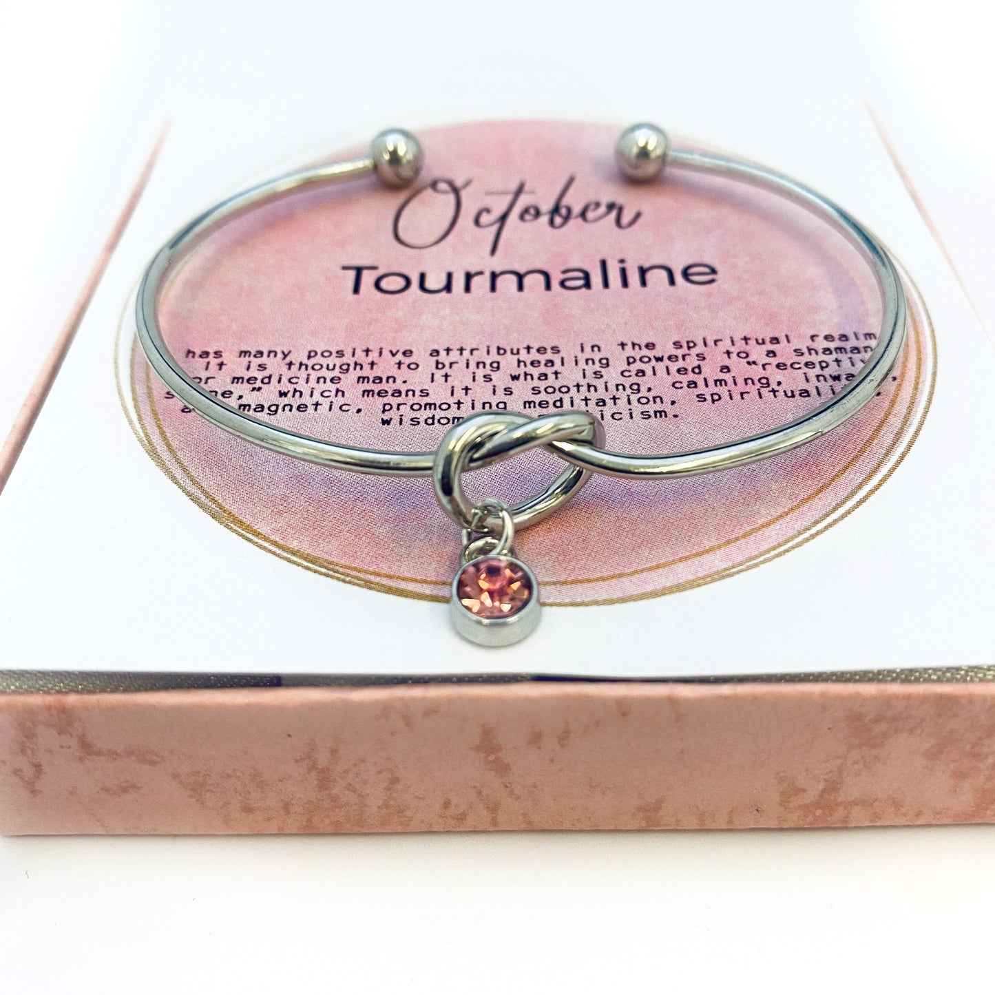 Geboortesteen armband, oktober armband cadeau, liefdesknoop, gepersonaliseerd bruidsmeisje cadeau, toermalijn charme, bruidsmeisje armband, zilveren knoop