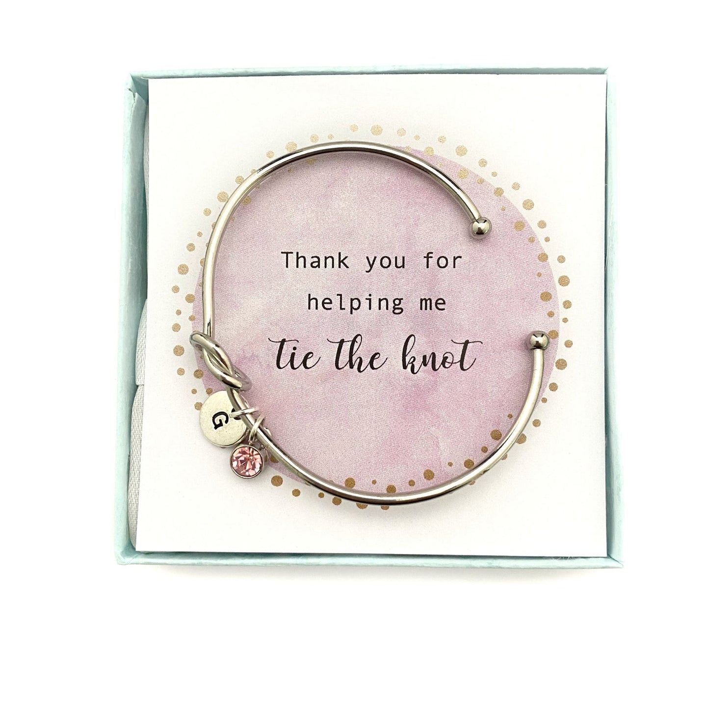 Gepersonaliseerde bruidsmeisje armband, liefde knoop armbanden bruidsmeisjes, knoop armband met initiële charmes, aangepaste knoop armband