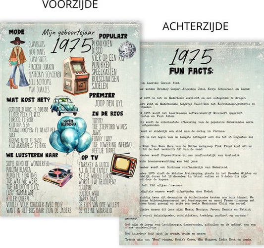 Verjaardagskaart 50 jaar voor Sarah, Wenskaart verjaardag, Mijn Geboortejaar 1975 Fun Facts, Maat A5 XL Extra grote kaart inclusief envelop