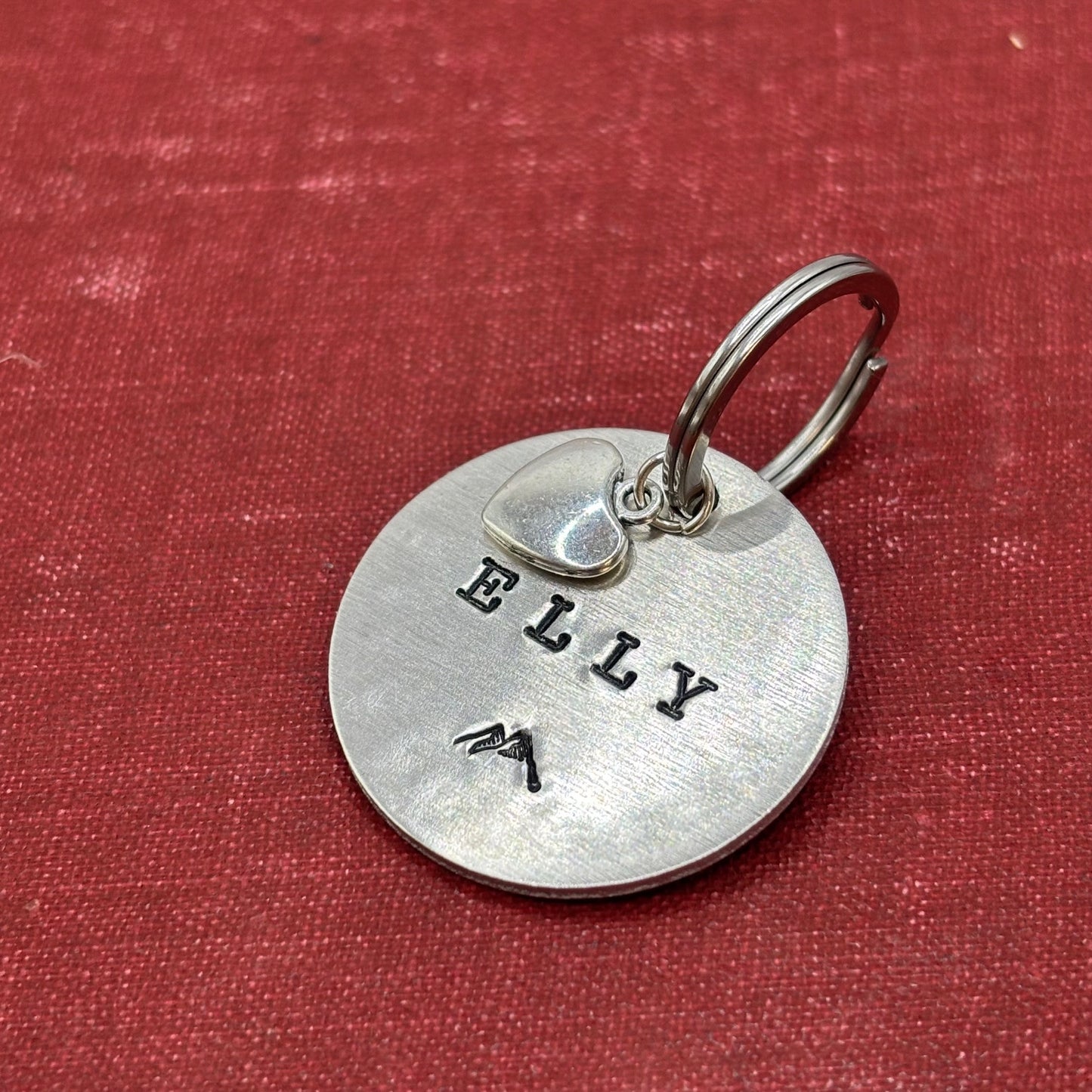 Dog tag, double-sided, hand-stamped with a silver heart charm 