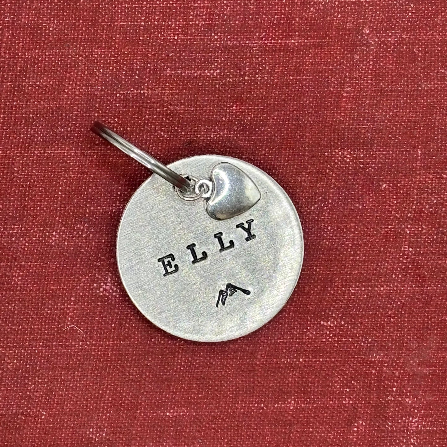 Dog tag, double-sided, hand-stamped with a silver heart charm 