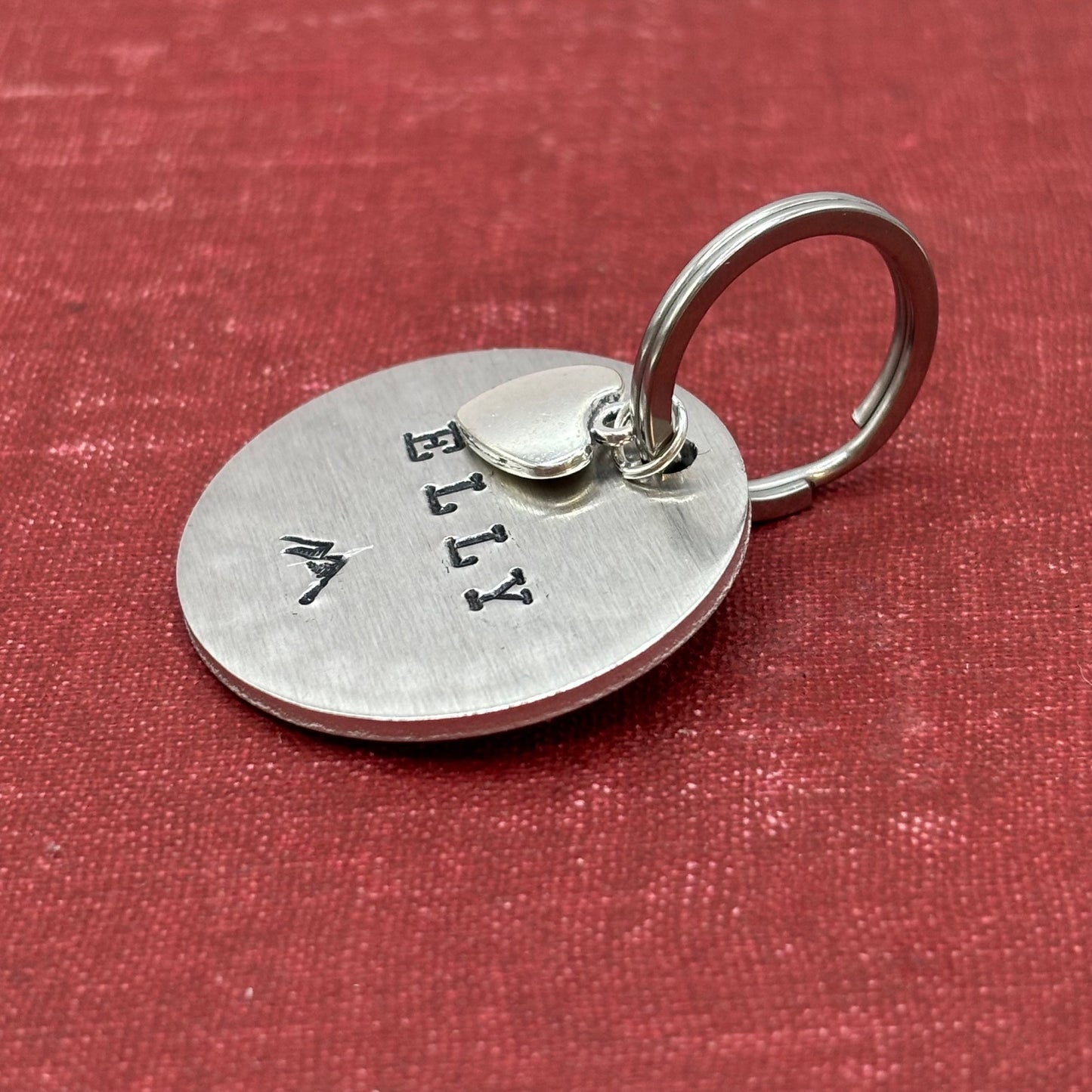 Dog tag, double-sided, hand-stamped with a silver heart charm 