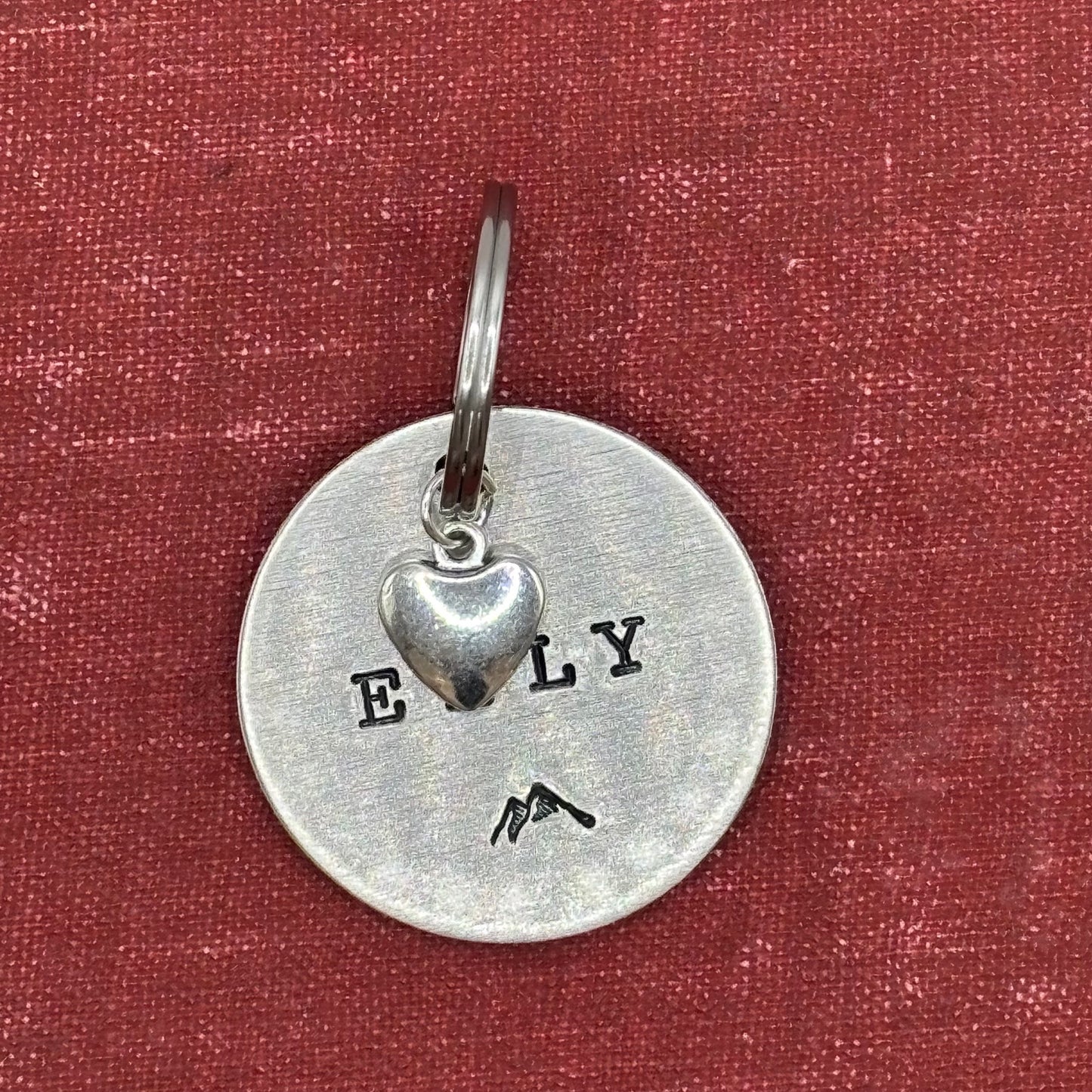 Dog tag, double-sided, hand-stamped with a silver heart charm 