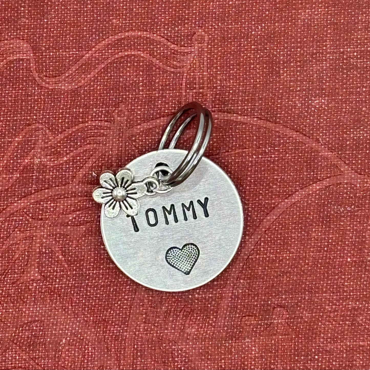 Dog tag, double-sided, hand-stamped with a silver flower charm 
