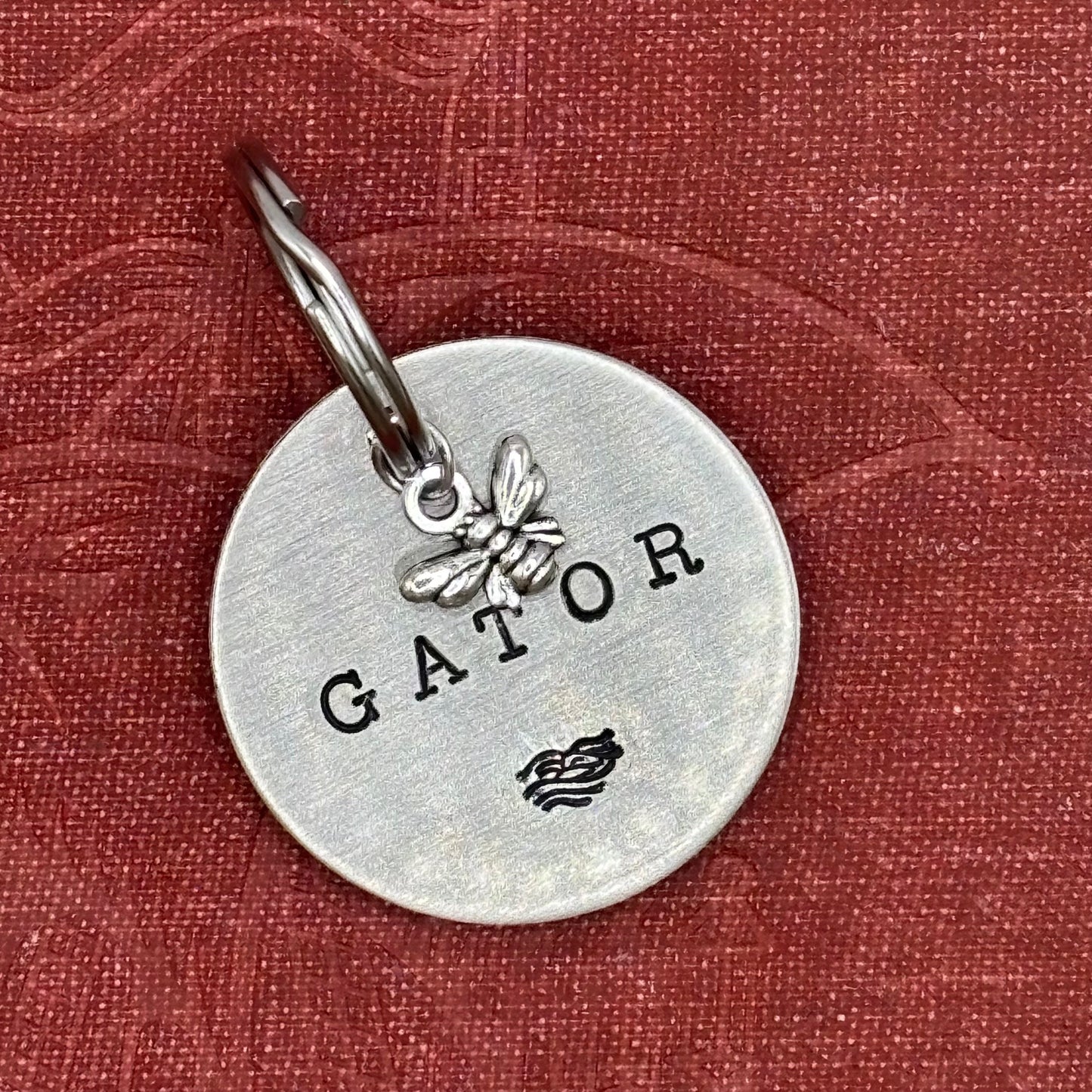 Dog tag, double-sided, hand-stamped with a silver butterfly charm 