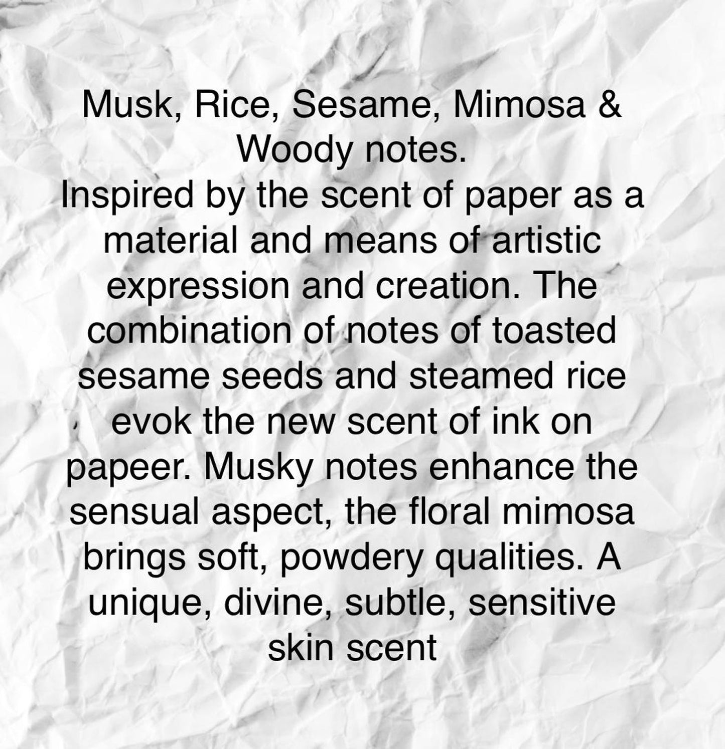 Paper inspired Perfume Handmade Artisan Perfume | Rice, Sesame, Mimosa & Musk | Niche Fragrance Evoking Ink + Paper Skin scent