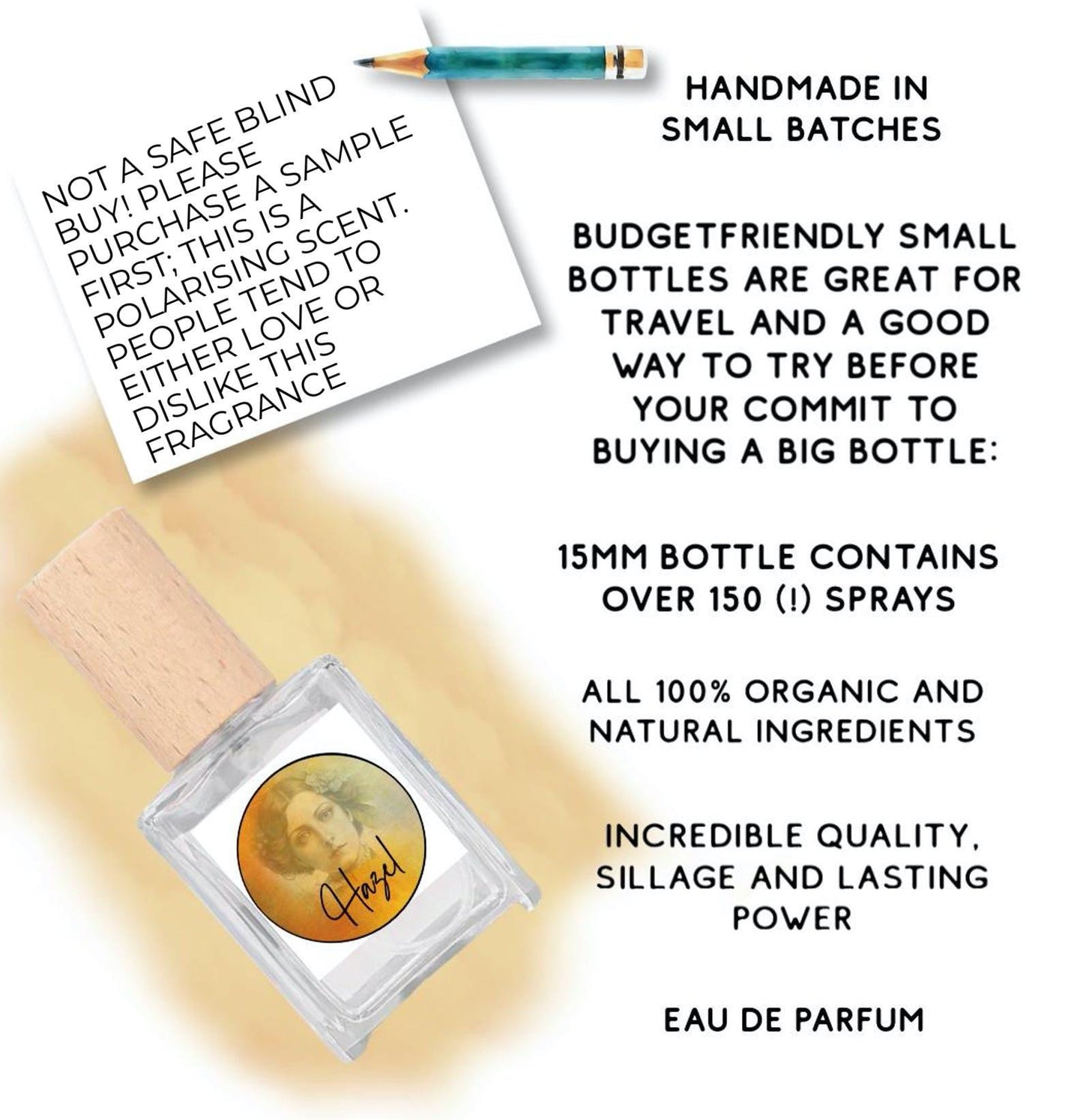 Hazel Handcrafted Sweet Fall Perfume Warm Honey Patchouli, Vanilla, Caramel & Chocolate Artisan Fragrance Not a safe blind buy!