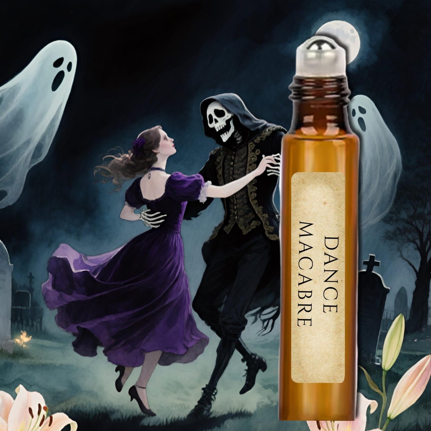 Dance Macabre Roll on Perfume Oil– Floral Gothic White Floral Fragrance | Handcrafted Artisanal Perfume Lilies, Jasmin, Ylang Ylang & Rose
