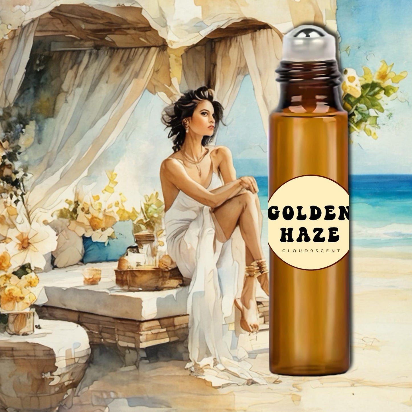 Rollerball Perfume Oil Golden Haze Floral Coconut Summer Fragrance, Eau de Parfum, Sweet Floral Tropical Beach Fragrance, Beachy Perfumes