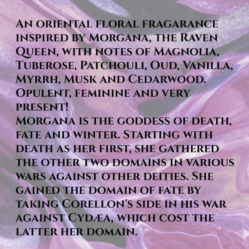 Handmade Morgana Perfume: Mystical Magnolia, Tuberose, Oud Vanilla and Cederwood, Inspired by Morgana Raven Queen