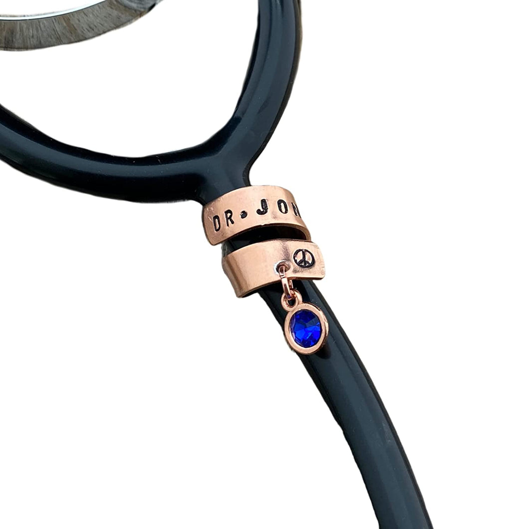 Brass Rose Gold Personalized Stethoscope ID Tag with custom birthstone charm, Hand stamped Stethoscope Charm, Nurse Birthday Gift, RN Tag, RN gif