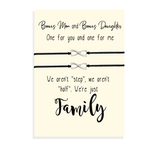Set of Two Infinity Charm Bracelets placed on Bonus Mom and Bonus Daughter Card, Foster Mom, Foster Daughter, Step-Mom, Step-Daughter, Mother's Day Gift, Matching Bracelets