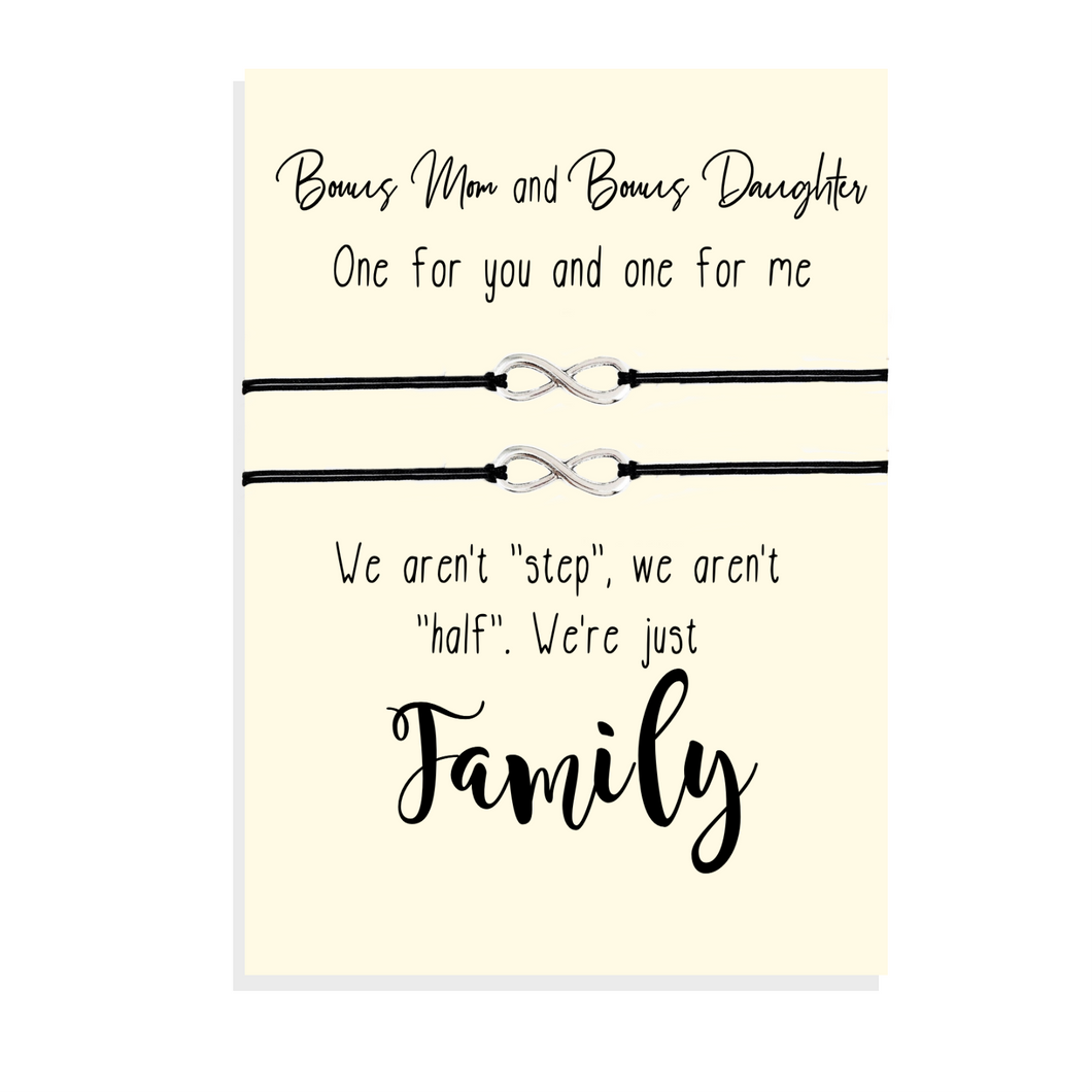 Set of Two Infinity Charm Bracelets placed on Bonus Mom and Bonus Daughter Card, Foster Mom, Foster Daughter, Step-Mom, Step-Daughter, Mother's Day Gift, Matching Bracelets
