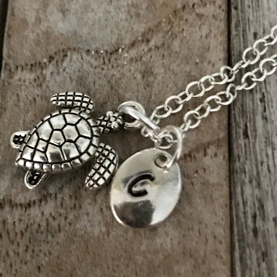 Personalized silver turtle necklace with initial charm, Sea Turtle Necklace, Turtle Jewelry