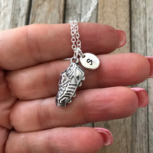 Silver soccer shoe necklace with initial charm, Soccer mom gift, Soccer shoe jewelry