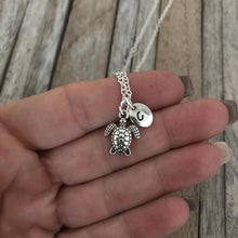 Personalized silver turtle necklace with initial charm, Sea Turtle Necklace, Turtle Jewelry