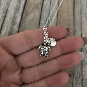 Personalized silver turtle necklace with initial charm, Sea Turtle Necklace, Turtle Jewelry