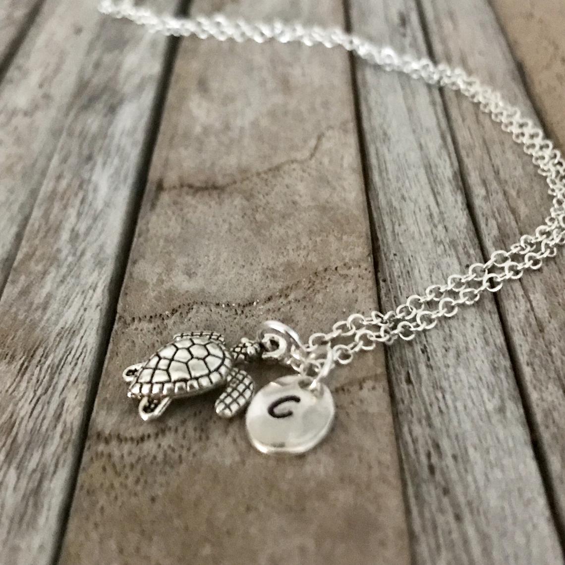 Personalized silver turtle necklace with initial charm, Sea Turtle Necklace, Turtle Jewelry