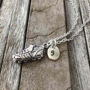 Silver soccer shoe necklace with initial charm, Soccer mom gift, Soccer shoe jewelry