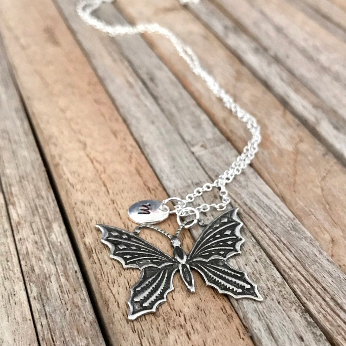Butterfly necklace, Butterfly jewellery, Silver butterfly with hand stamped initial charm