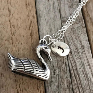 Personalized silver swan necklace with initial charm