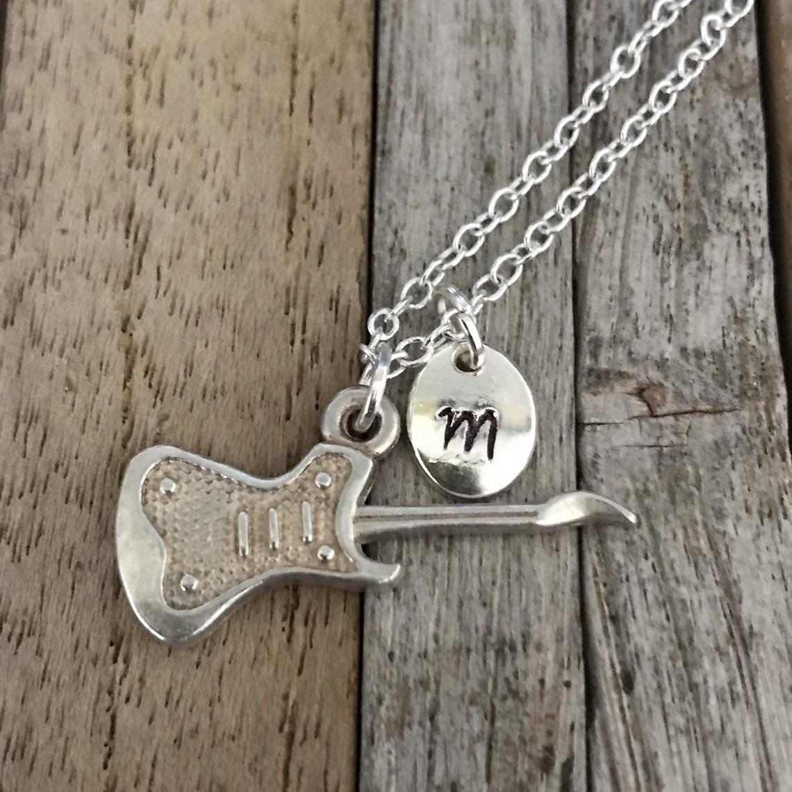 Personalized guitar necklace, Music jewellery, Silver guitar charm, Guitar lover gift