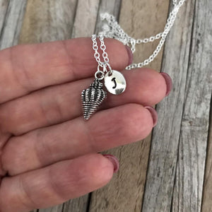 Personalized silver shell necklace, Sea jewellery with monogram charm
