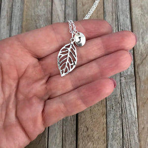 Silver leaf necklace with initial charm, Fall jewellery