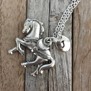 Horse necklace with hand stamped initial charm, Teenager necklace, Horse lovers gift