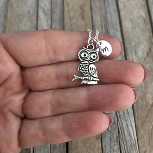 Personalized Owl necklace, Owl jeweller with monogram charm