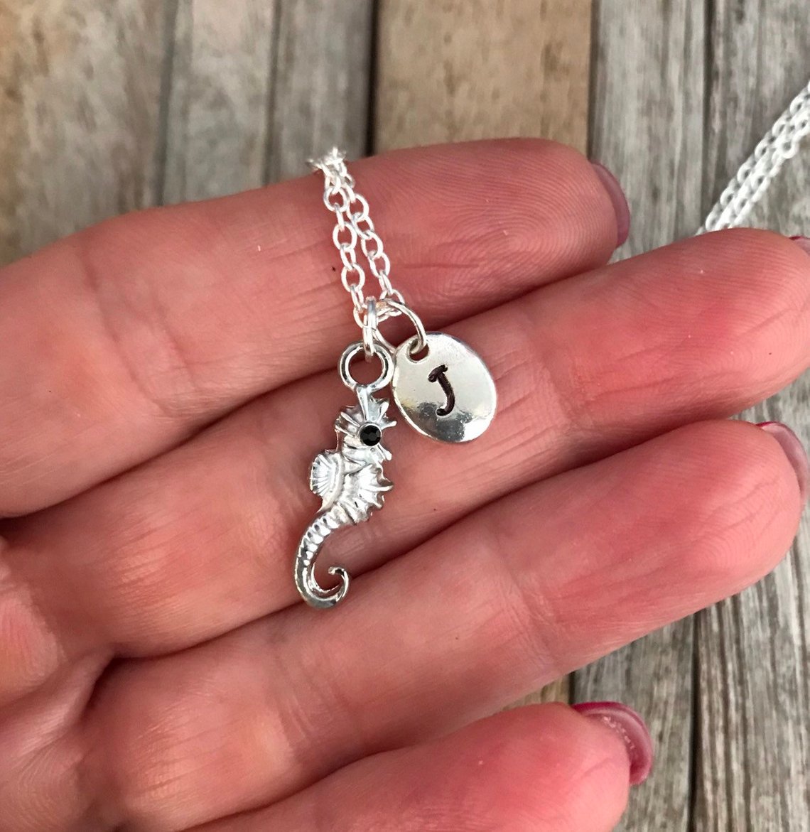 See horse necklace with hand stamped initial charm