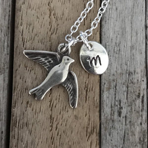 Personalized silver seagull necklace with hand stamped initial charm