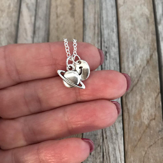Personalized celestial necklace, Planet necklace, Saturn necklace, Space jewelry with initial charm