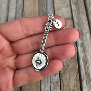 Personalized banjo necklace with initial pendant, Gift for guitarist
