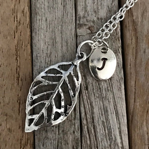 Silver leaf necklace with initial charm, Fall jewellery