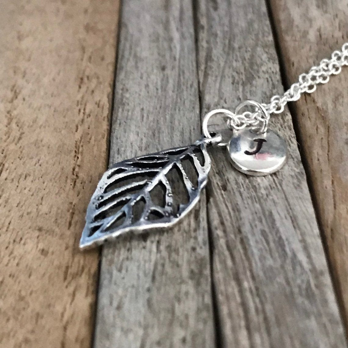 Silver leaf necklace with initial charm, Fall jewellery