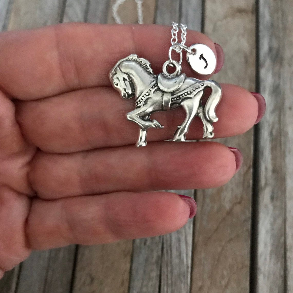 Horse necklace with hand stamped initial charm, Teenager necklace, Horse lovers gift