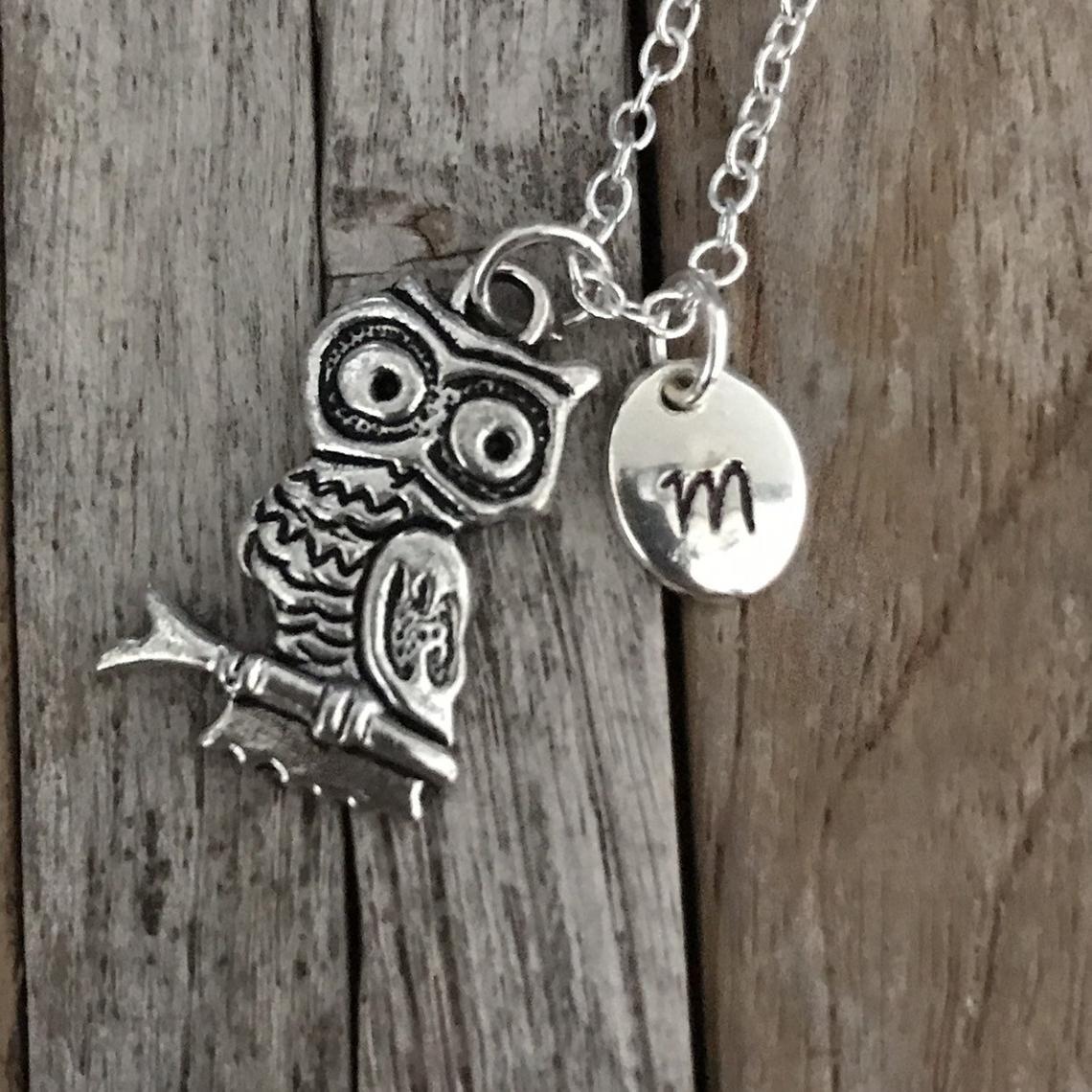 Personalized Owl necklace, Owl jeweller with monogram charm