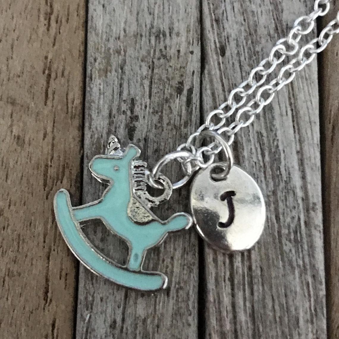 Rocking horse necklace with custom initial charm