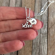 Customized Valentine's Day necklace with hand stamped initial charm, Love charm