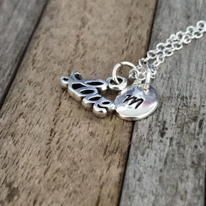 Customized Valentine's Day necklace with hand stamped initial charm, Love charm