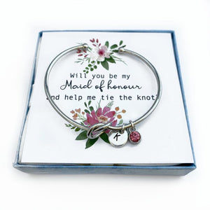 Will you be my maid of honour, Knot Bangle Bracelet, Tie the Knot Bracelet, Personalised Initial, Maid of honor Gift, Knot Bracelet