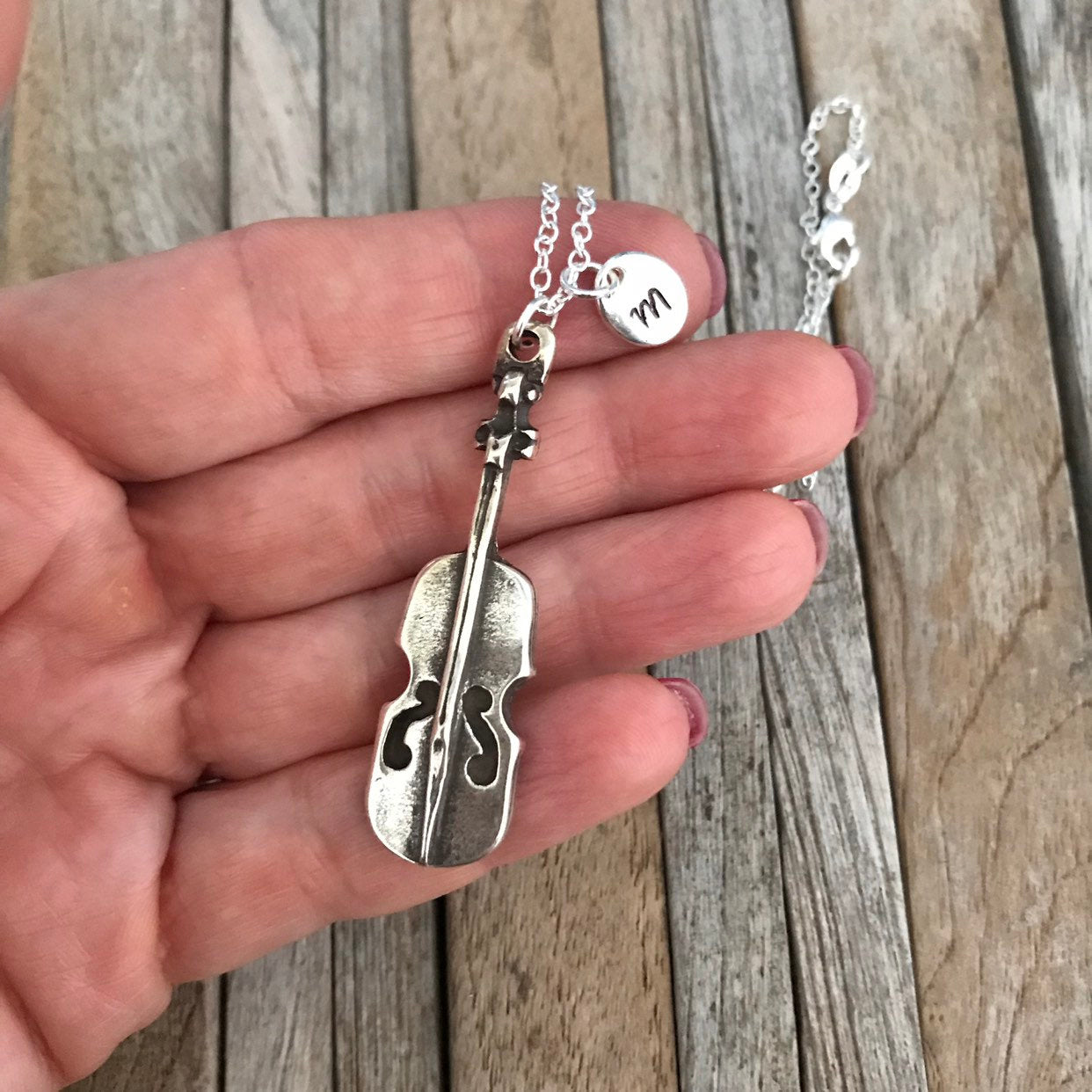 Personalized silver violin necklace, Music jewellery with initial charm